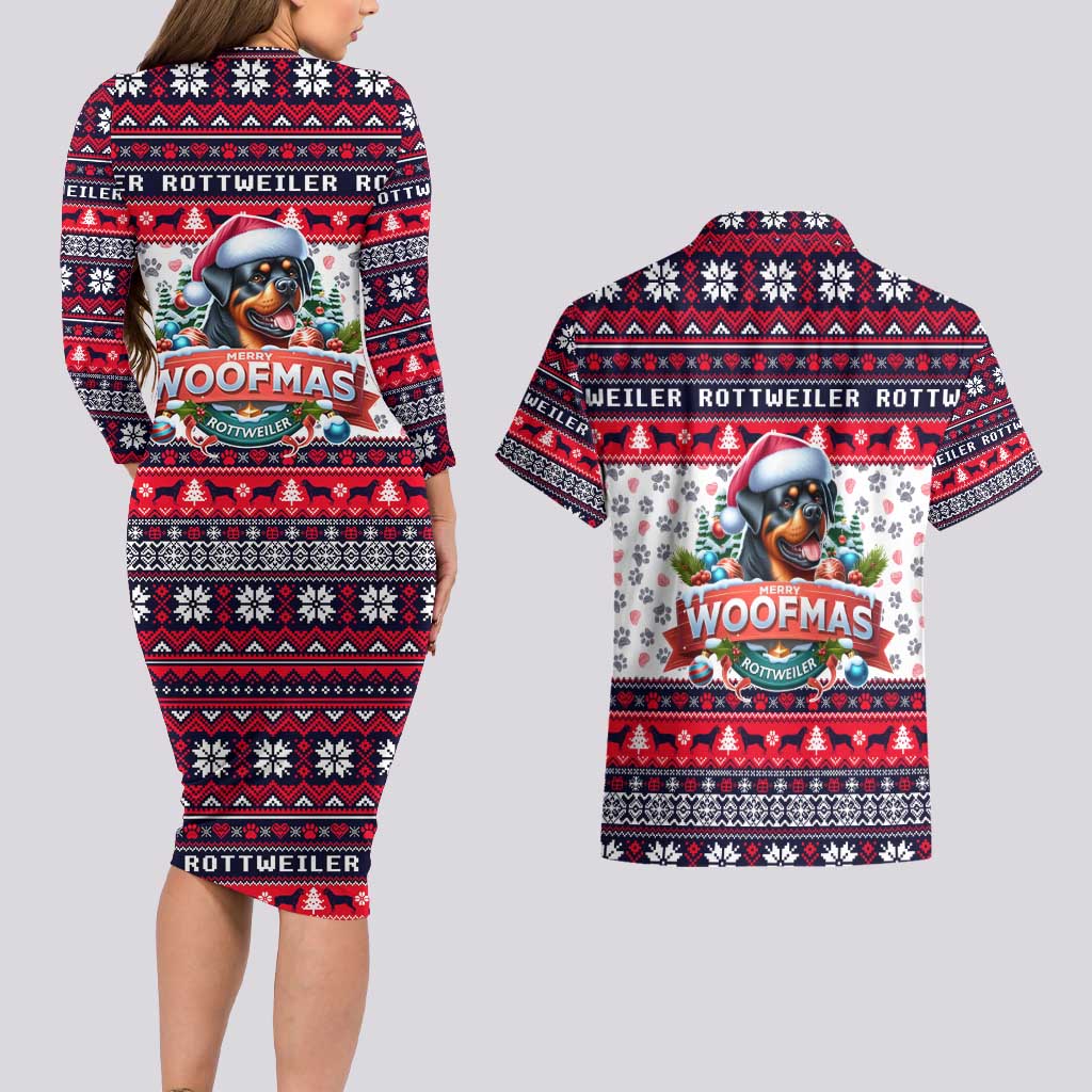 Rottweiler Merry Woofmas Couples Matching Long Sleeve Bodycon Dress and Hawaiian Shirt Christmas Dog Art Style - Wonder Print Shop