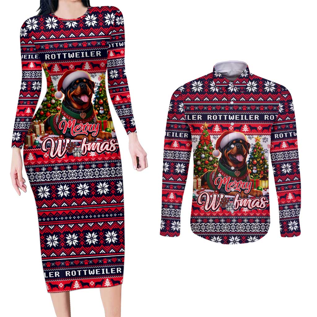 Rottweiler Merry Woofmas Couples Matching Long Sleeve Bodycon Dress and Long Sleeve Button Shirt Christmas Dog Art Style - Wonder Print Shop