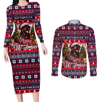 Rottweiler Merry Woofmas Couples Matching Long Sleeve Bodycon Dress and Long Sleeve Button Shirt Christmas Dog Art Style - Wonder Print Shop