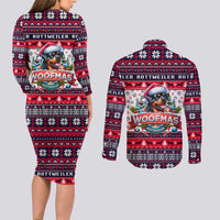 Rottweiler Merry Woofmas Couples Matching Long Sleeve Bodycon Dress and Long Sleeve Button Shirt Christmas Dog Art Style - Wonder Print Shop
