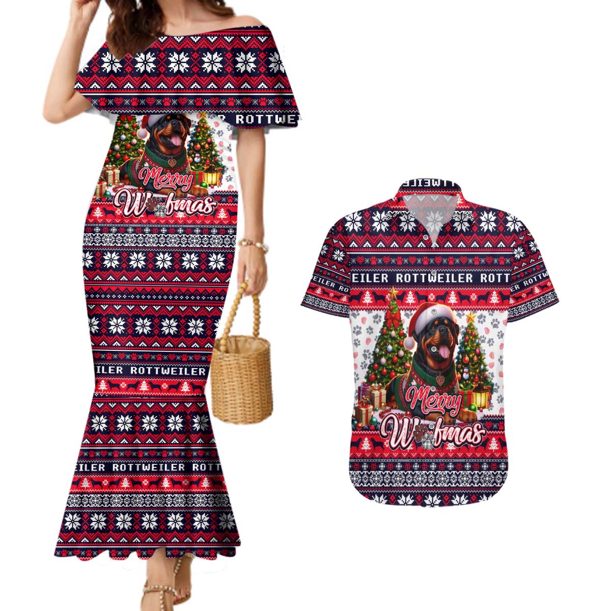 Rottweiler Merry Woofmas Couples Matching Mermaid Dress and Hawaiian Shirt Christmas Dog Art Style - Wonder Print Shop