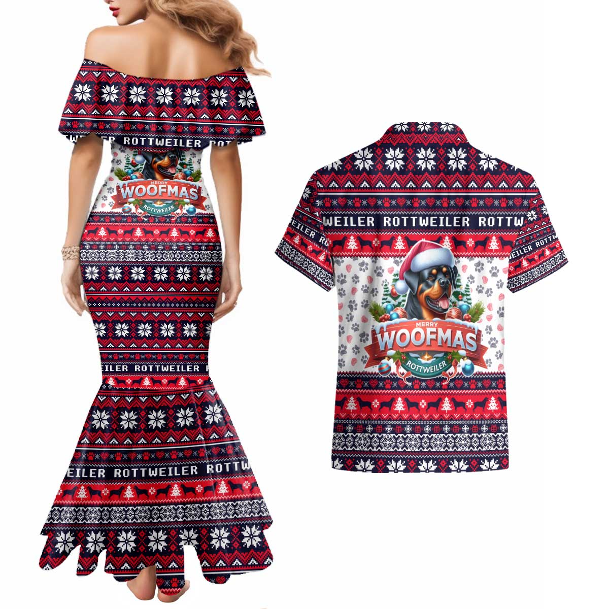 Rottweiler Merry Woofmas Couples Matching Mermaid Dress and Hawaiian Shirt Christmas Dog Art Style - Wonder Print Shop