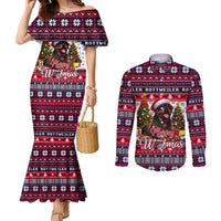 Rottweiler Merry Woofmas Couples Matching Mermaid Dress and Long Sleeve Button Shirt Christmas Dog Art Style