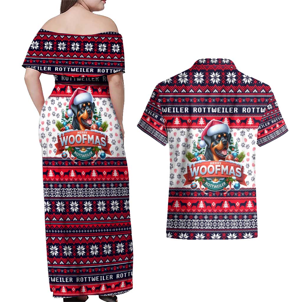 Rottweiler Merry Woofmas Couples Matching Off Shoulder Maxi Dress and Hawaiian Shirt Christmas Dog Art Style - Wonder Print Shop