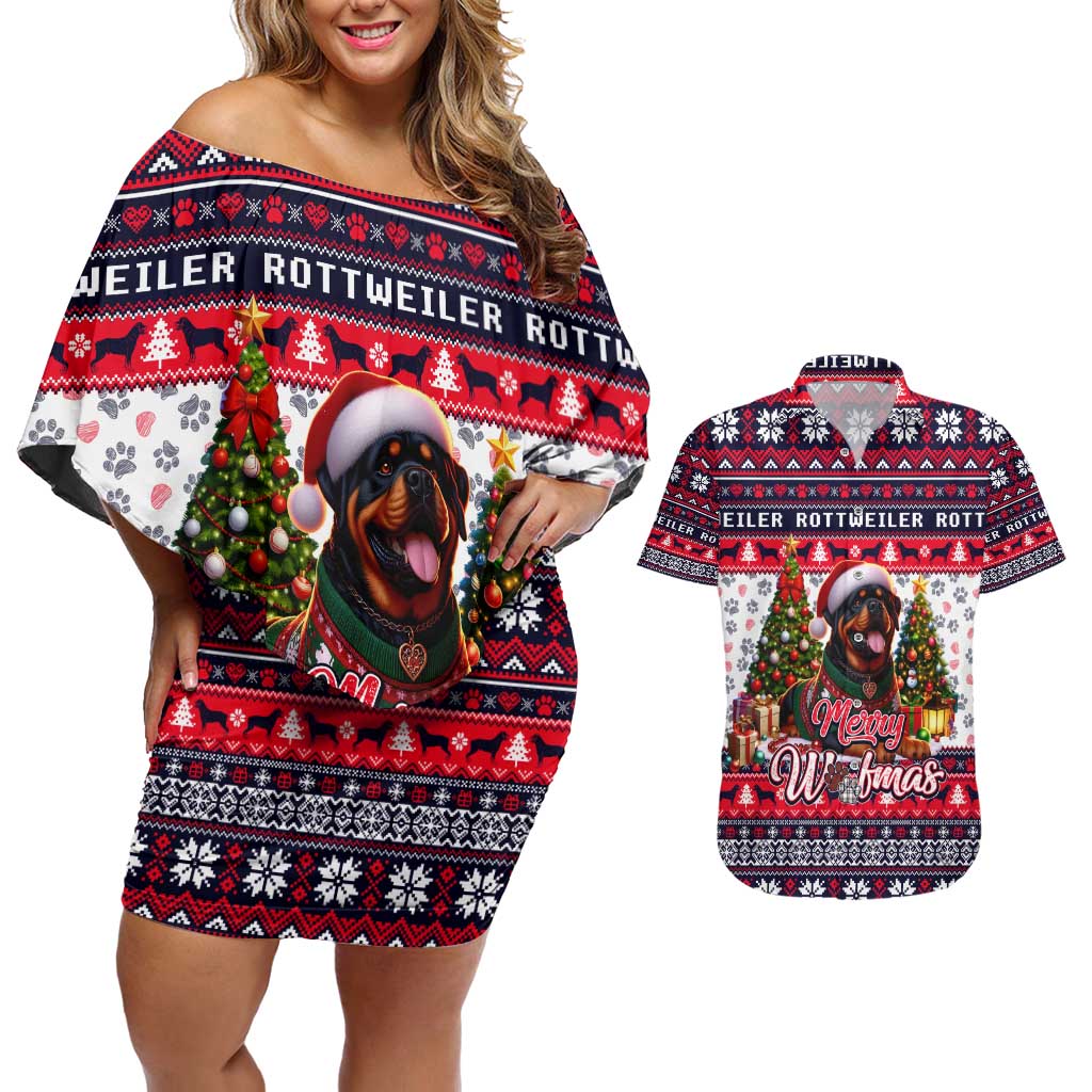 Rottweiler Merry Woofmas Couples Matching Off Shoulder Short Dress and Hawaiian Shirt Christmas Dog Art Style - Wonder Print Shop
