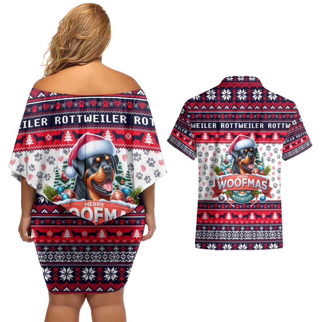 Rottweiler Merry Woofmas Couples Matching Off Shoulder Short Dress and Hawaiian Shirt Christmas Dog Art Style - Wonder Print Shop