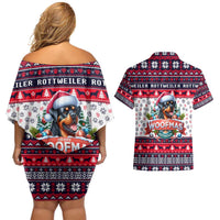 Rottweiler Merry Woofmas Couples Matching Off Shoulder Short Dress and Hawaiian Shirt Christmas Dog Art Style - Wonder Print Shop