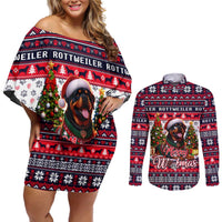 Rottweiler Merry Woofmas Couples Matching Off Shoulder Short Dress and Long Sleeve Button Shirt Christmas Dog Art Style - Wonder Print Shop
