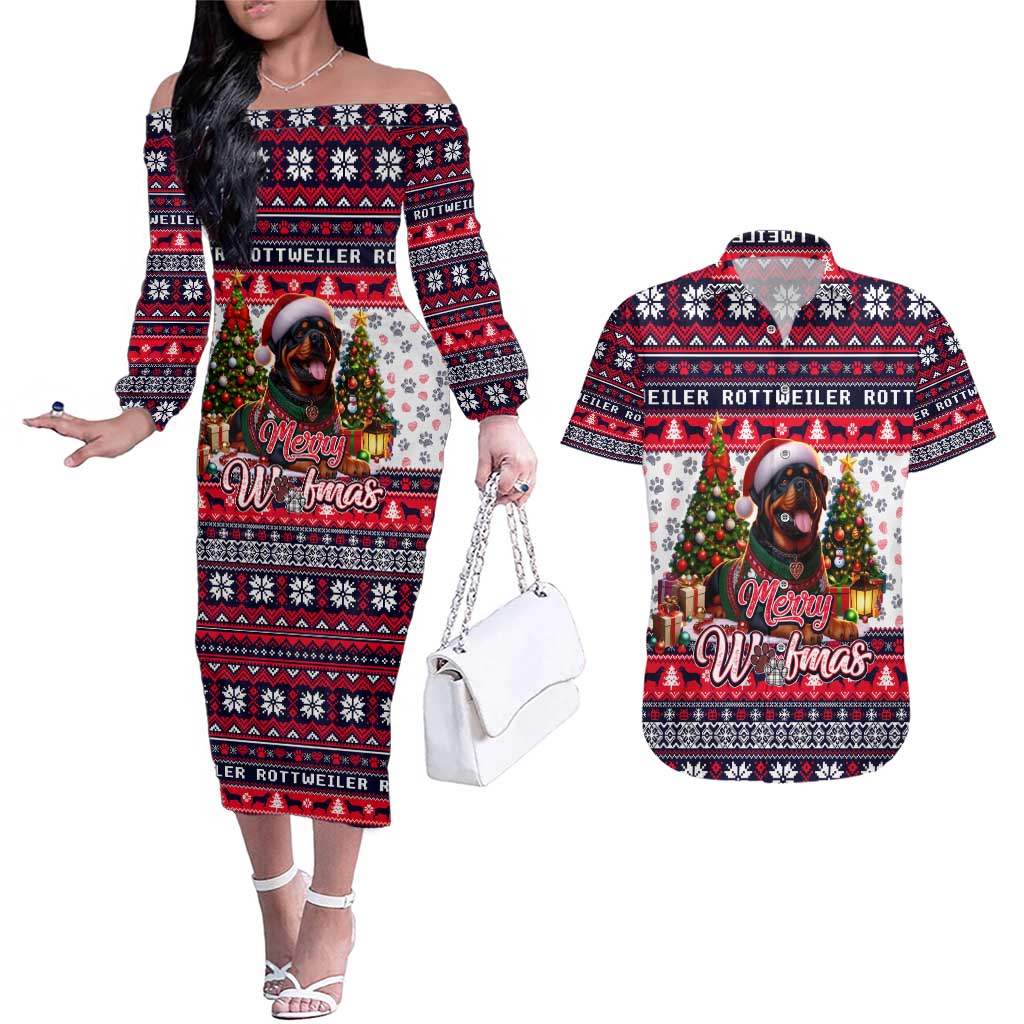Rottweiler Merry Woofmas Couples Matching Off The Shoulder Long Sleeve Dress and Hawaiian Shirt Christmas Dog Art Style - Wonder Print Shop