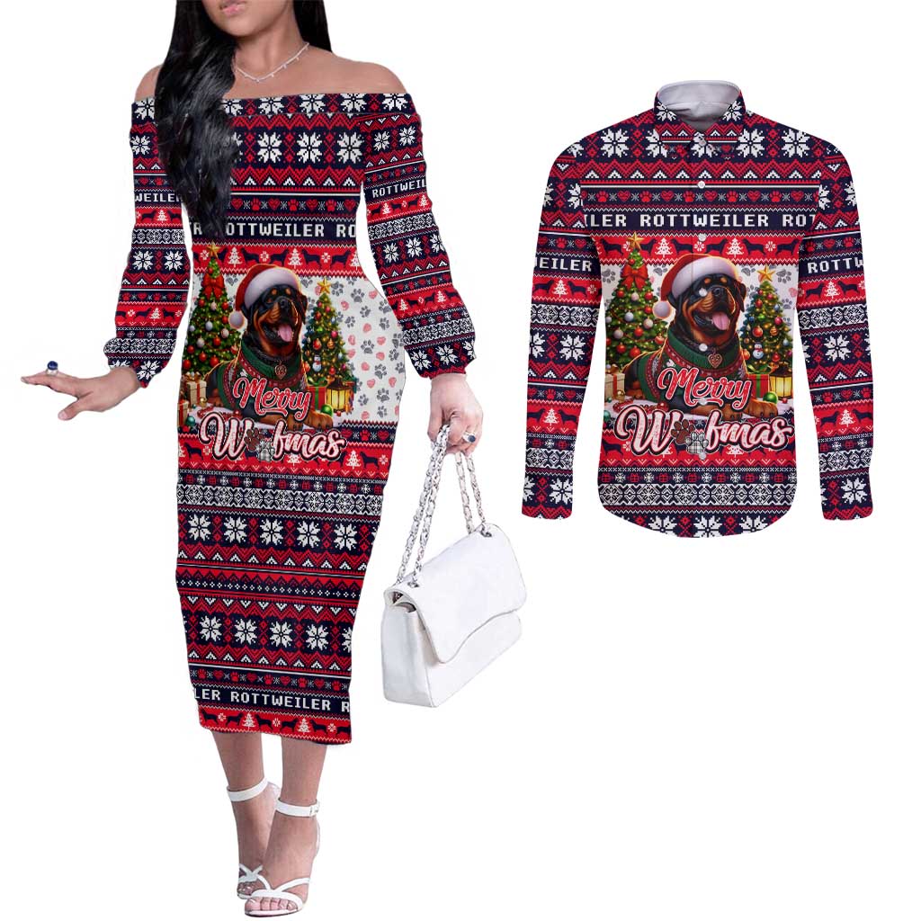 Rottweiler Merry Woofmas Couples Matching Off The Shoulder Long Sleeve Dress and Long Sleeve Button Shirt Christmas Dog Art Style