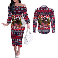 Rottweiler Merry Woofmas Couples Matching Off The Shoulder Long Sleeve Dress and Long Sleeve Button Shirt Christmas Dog Art Style