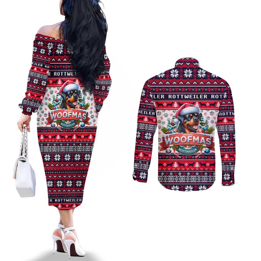 Rottweiler Merry Woofmas Couples Matching Off The Shoulder Long Sleeve Dress and Long Sleeve Button Shirt Christmas Dog Art Style