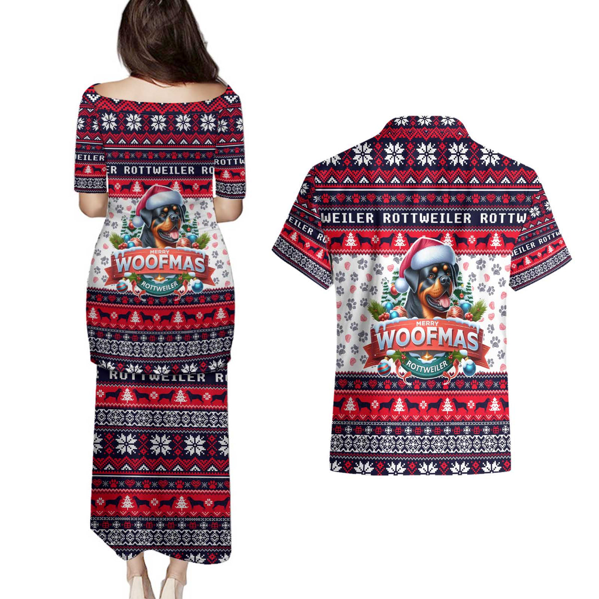Rottweiler Merry Woofmas Couples Matching Puletasi and Hawaiian Shirt Christmas Dog Art Style - Wonder Print Shop