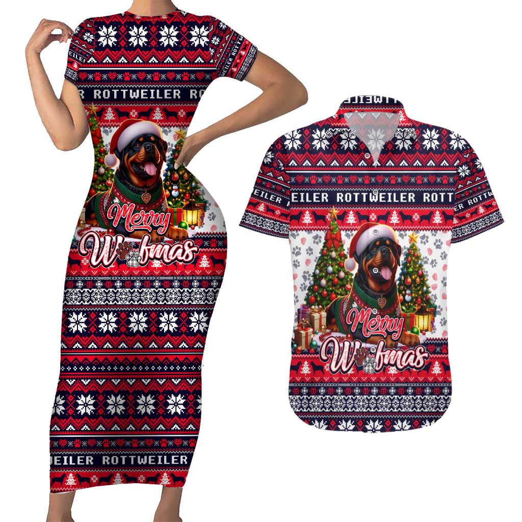 Rottweiler Merry Woofmas Couples Matching Short Sleeve Bodycon Dress and Hawaiian Shirt Christmas Dog Art Style - Wonder Print Shop