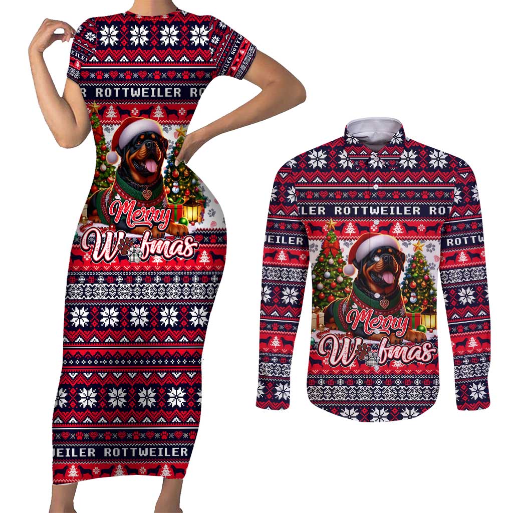Rottweiler Merry Woofmas Couples Matching Short Sleeve Bodycon Dress and Long Sleeve Button Shirt Christmas Dog Art Style - Wonder Print Shop