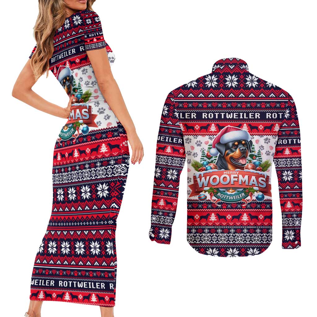 Rottweiler Merry Woofmas Couples Matching Short Sleeve Bodycon Dress and Long Sleeve Button Shirt Christmas Dog Art Style - Wonder Print Shop