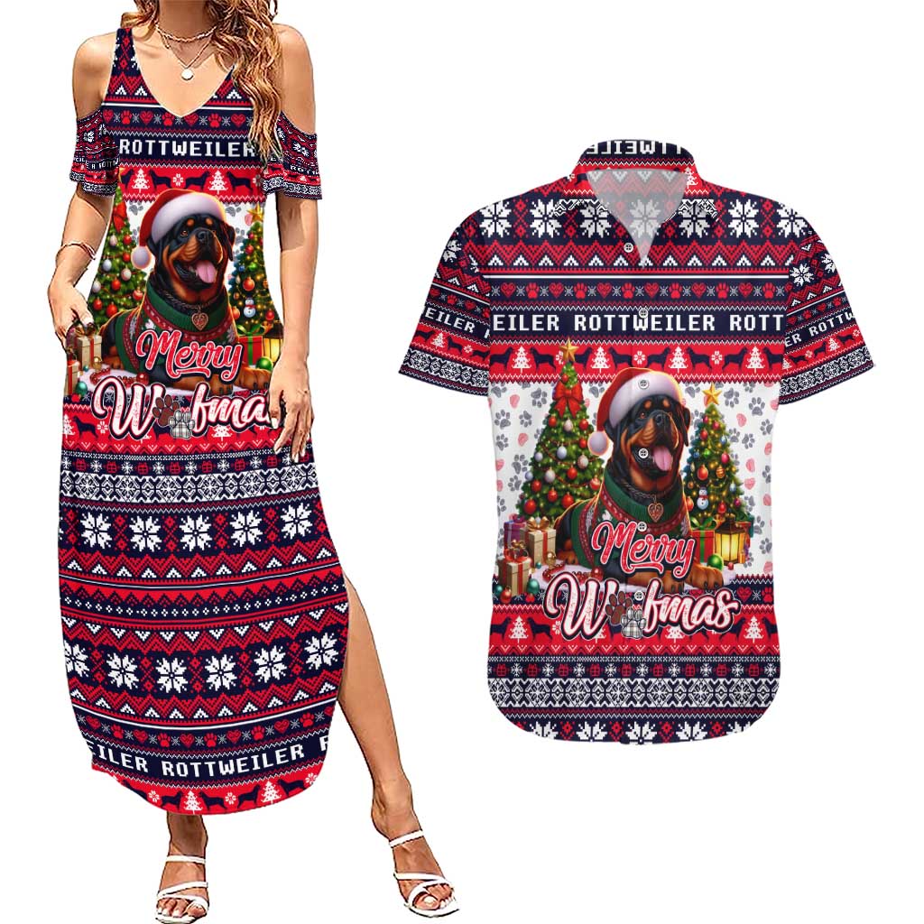 Rottweiler Merry Woofmas Couples Matching Summer Maxi Dress and Hawaiian Shirt Christmas Dog Art Style - Wonder Print Shop