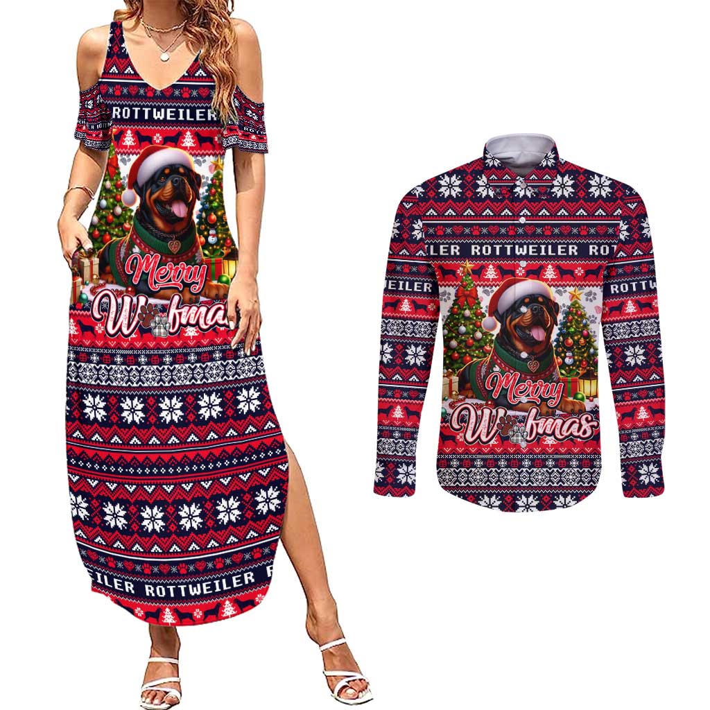 Rottweiler Merry Woofmas Couples Matching Summer Maxi Dress and Long Sleeve Button Shirt Christmas Dog Art Style - Wonder Print Shop