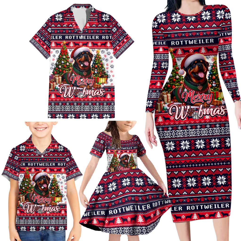 Rottweiler Merry Woofmas Family Matching Long Sleeve Bodycon Dress and Hawaiian Shirt Christmas Dog Art Style - Wonder Print Shop