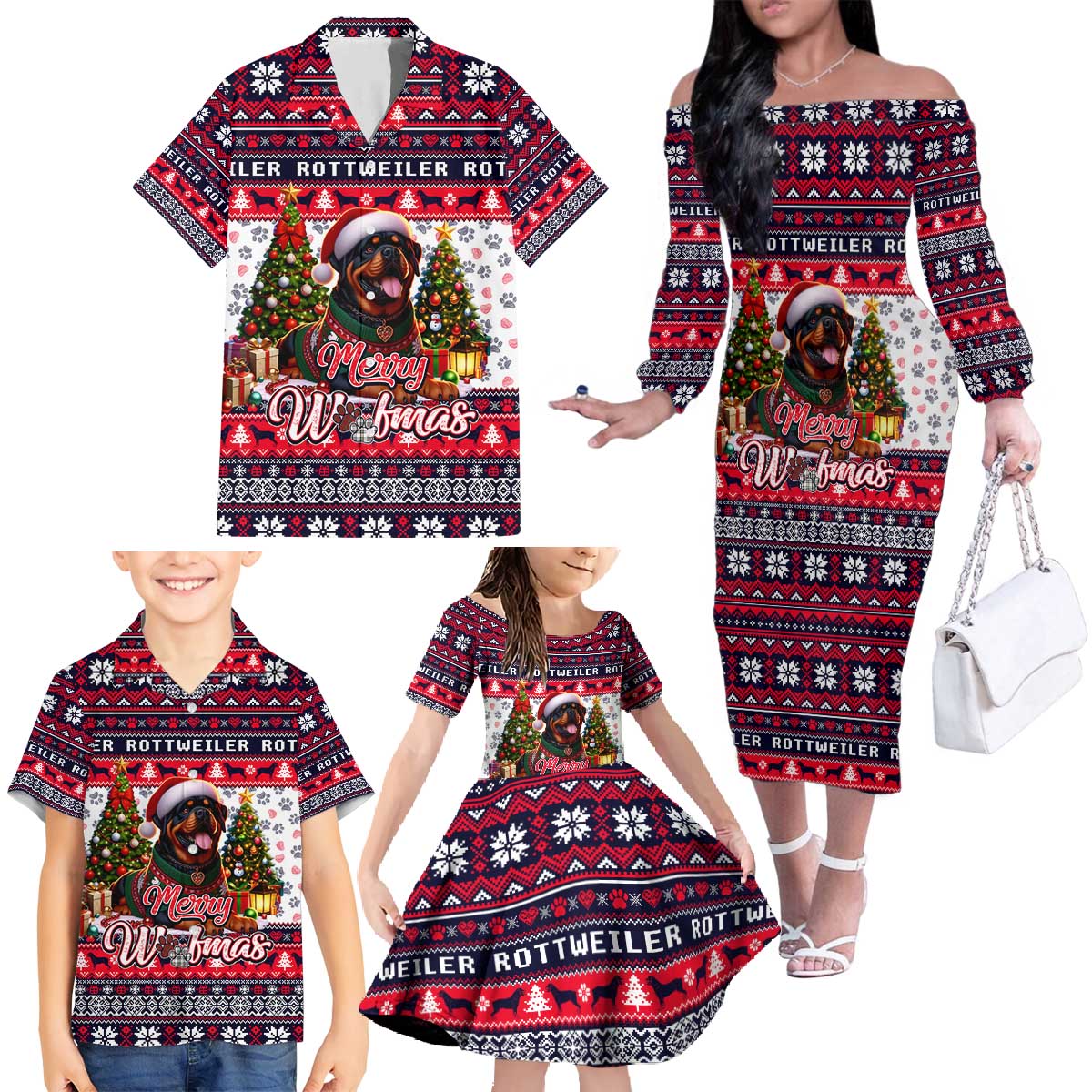 Rottweiler Merry Woofmas Family Matching Off The Shoulder Long Sleeve Dress and Hawaiian Shirt Christmas Dog Art Style - Wonder Print Shop