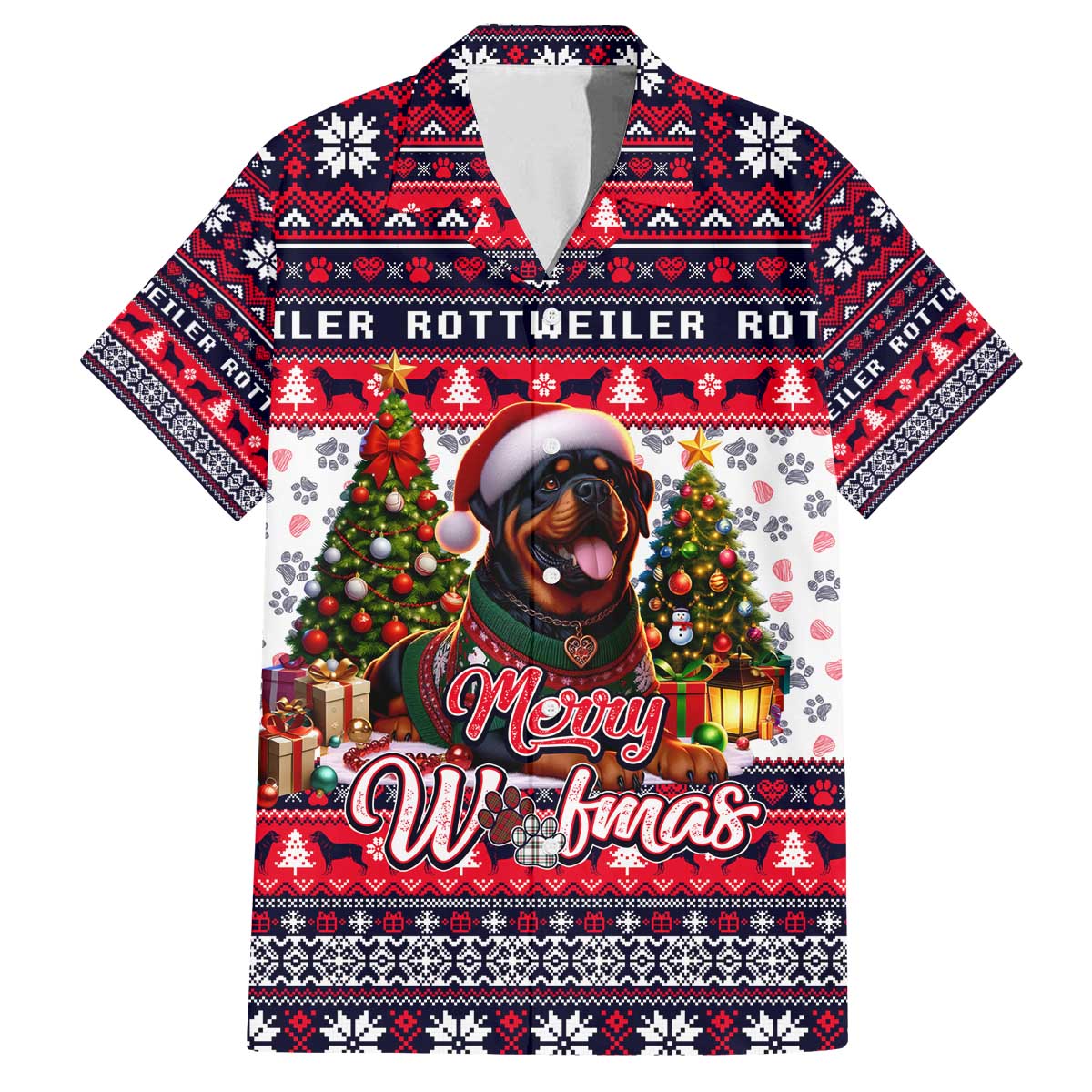 Rottweiler Merry Woofmas Family Matching Off The Shoulder Long Sleeve Dress and Hawaiian Shirt Christmas Dog Art Style - Wonder Print Shop