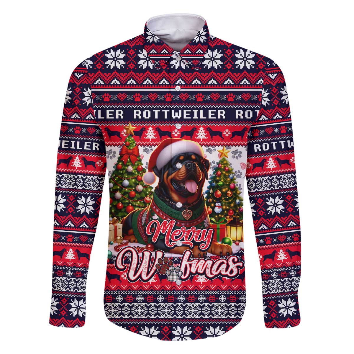 Rottweiler Merry Woofmas Family Matching Off The Shoulder Long Sleeve Dress and Hawaiian Shirt Christmas Dog Art Style - Wonder Print Shop