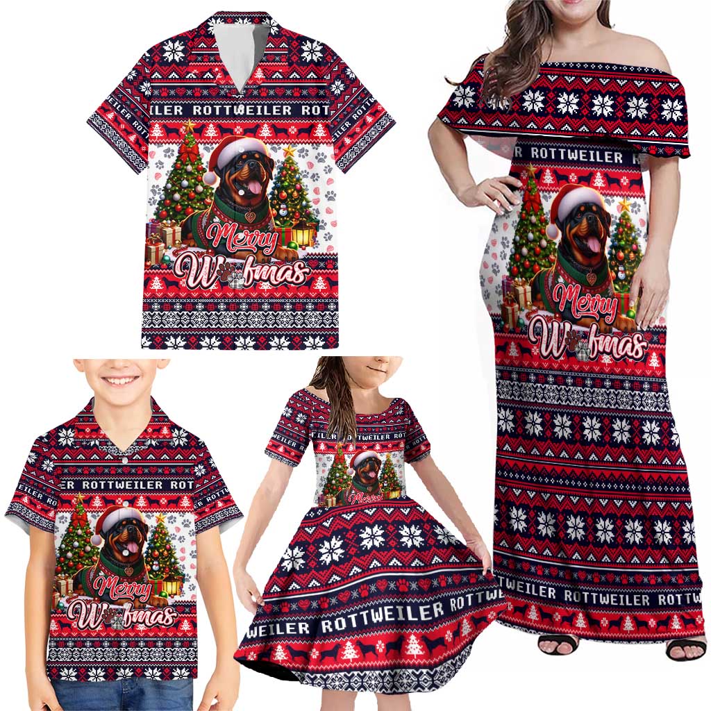 Rottweiler Merry Woofmas Family Matching Off Shoulder Maxi Dress and Hawaiian Shirt Christmas Dog Art Style - Wonder Print Shop