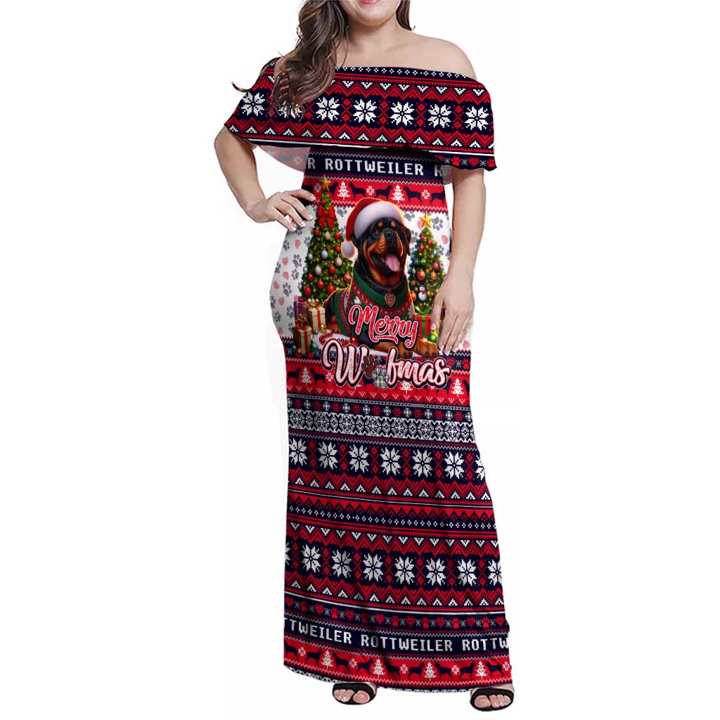 Rottweiler Merry Woofmas Family Matching Off Shoulder Maxi Dress and Hawaiian Shirt Christmas Dog Art Style - Wonder Print Shop