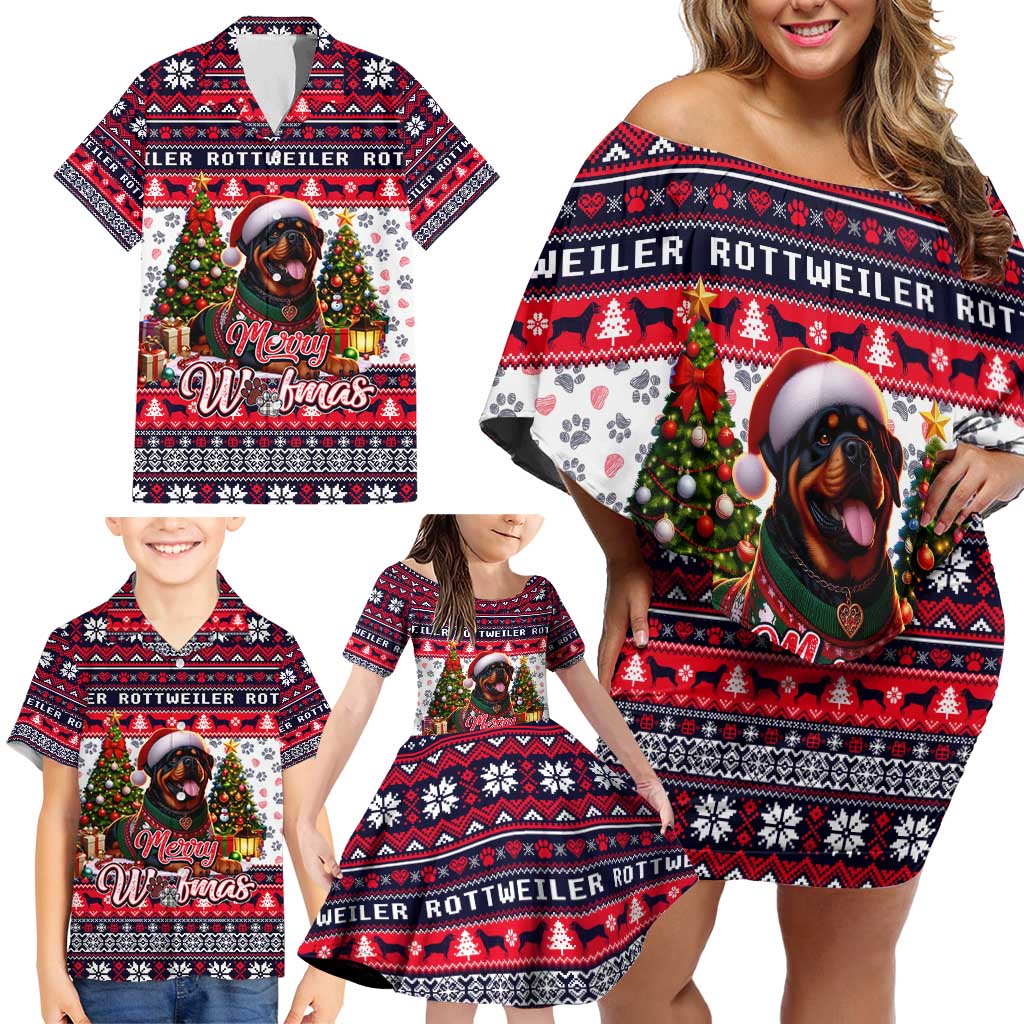 Rottweiler Merry Woofmas Family Matching Off Shoulder Short Dress and Hawaiian Shirt Christmas Dog Art Style - Wonder Print Shop