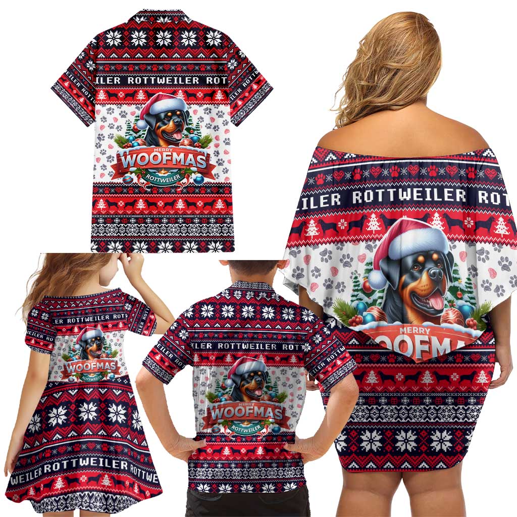 Rottweiler Merry Woofmas Family Matching Off Shoulder Short Dress and Hawaiian Shirt Christmas Dog Art Style - Wonder Print Shop