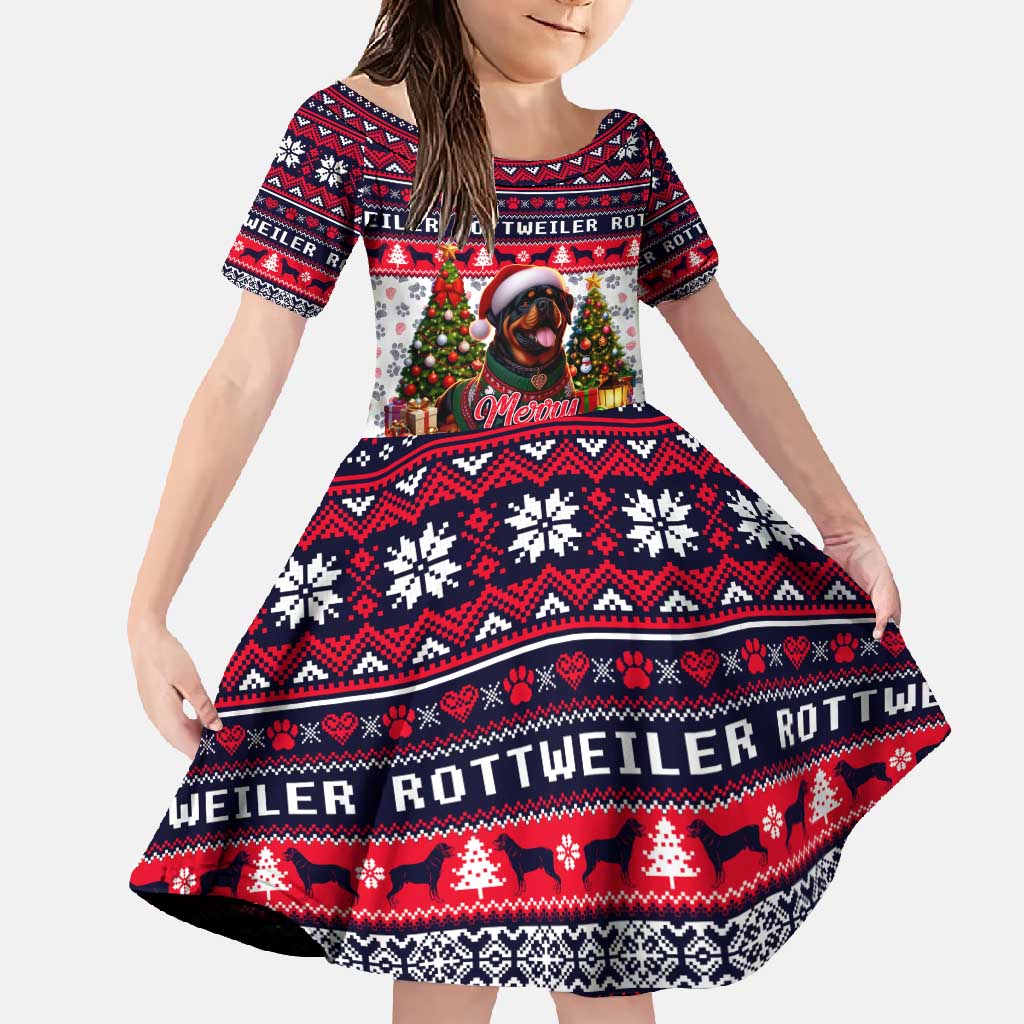 Rottweiler Merry Woofmas Family Matching Short Sleeve Bodycon Dress and Hawaiian Shirt Christmas Dog Art Style - Wonder Print Shop