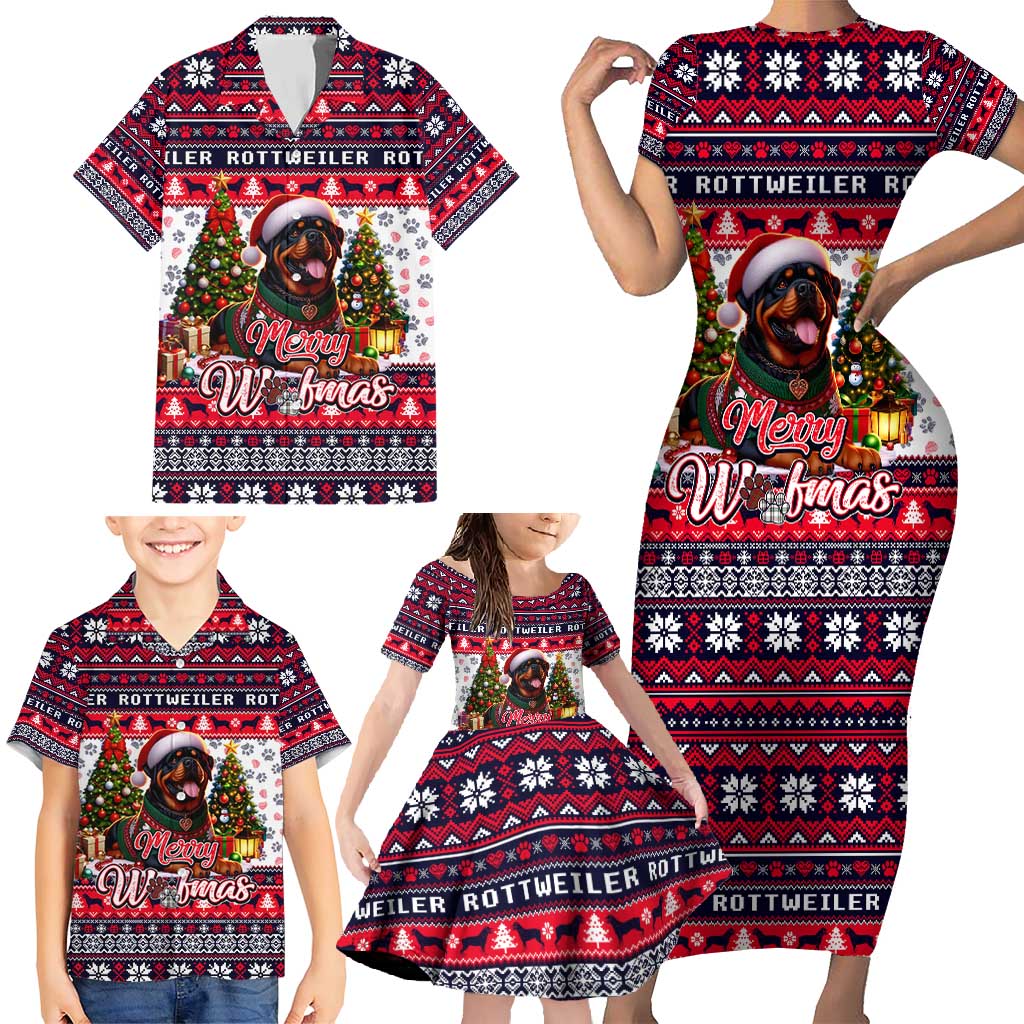 Rottweiler Merry Woofmas Family Matching Short Sleeve Bodycon Dress and Hawaiian Shirt Christmas Dog Art Style - Wonder Print Shop