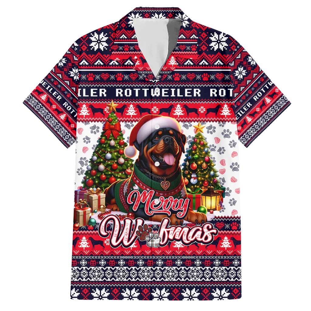 Rottweiler Merry Woofmas Family Matching Short Sleeve Bodycon Dress and Hawaiian Shirt Christmas Dog Art Style - Wonder Print Shop