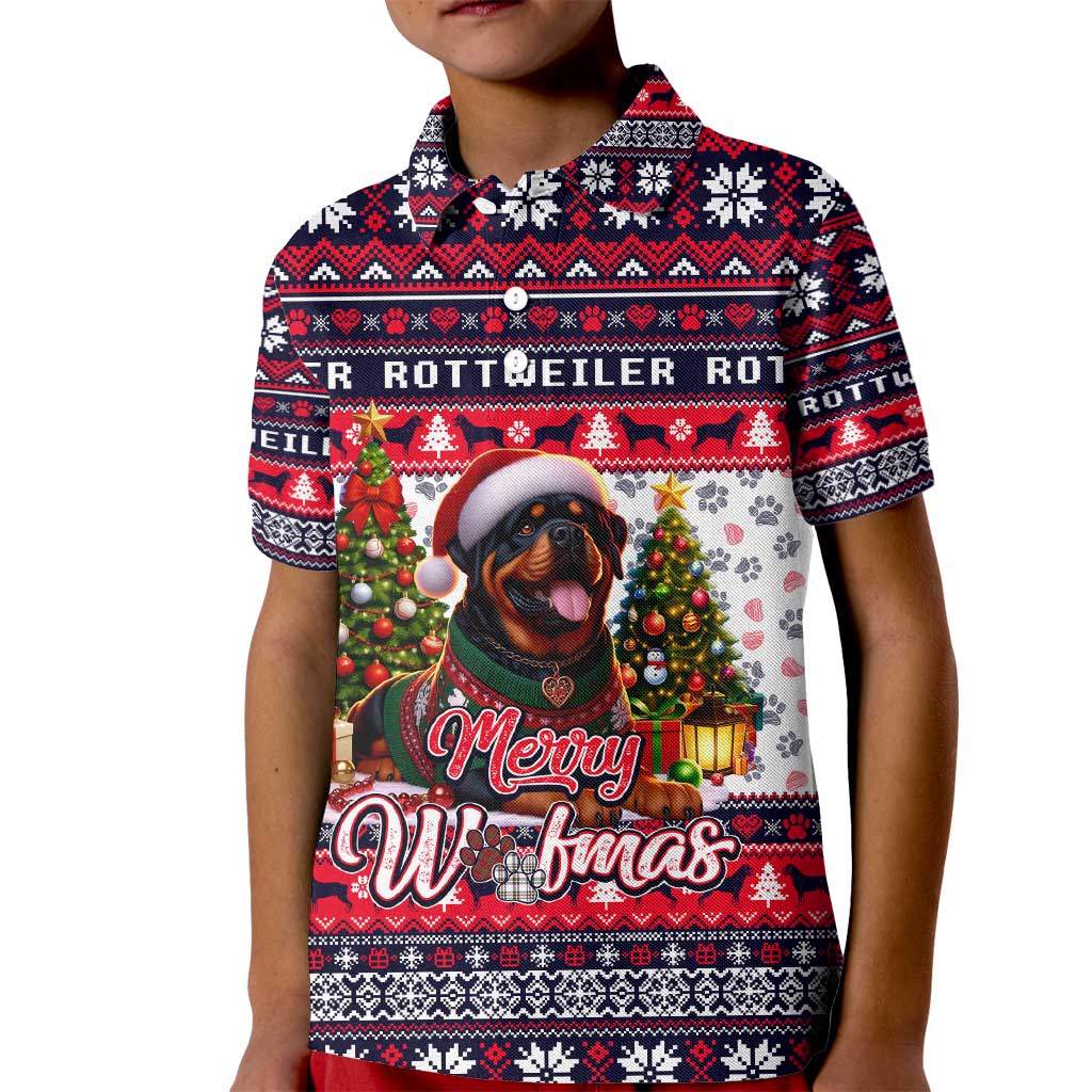 Rottweiler Merry Woofmas Kid Polo Shirt Christmas Dog Art Style - Wonder Print Shop