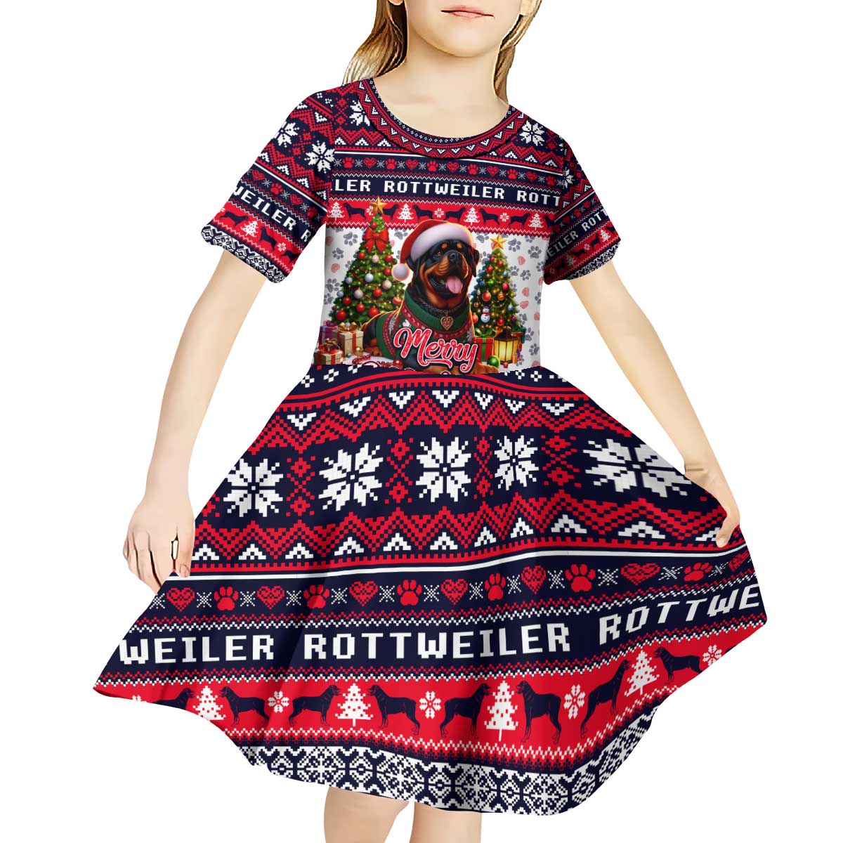Rottweiler Merry Woofmas Kid Short Sleeve Dress Christmas Dog Art Style - Wonder Print Shop
