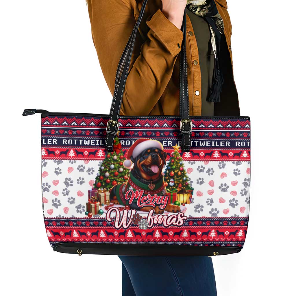 Rottweiler Merry Woofmas Leather Tote Bag Christmas Dog Art Style - Wonder Print Shop