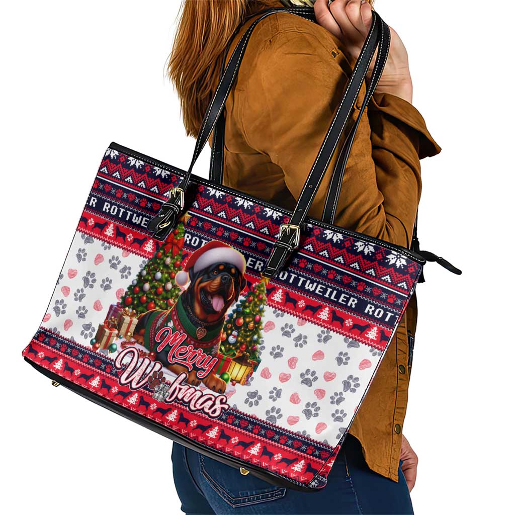 Rottweiler Merry Woofmas Leather Tote Bag Christmas Dog Art Style - Wonder Print Shop