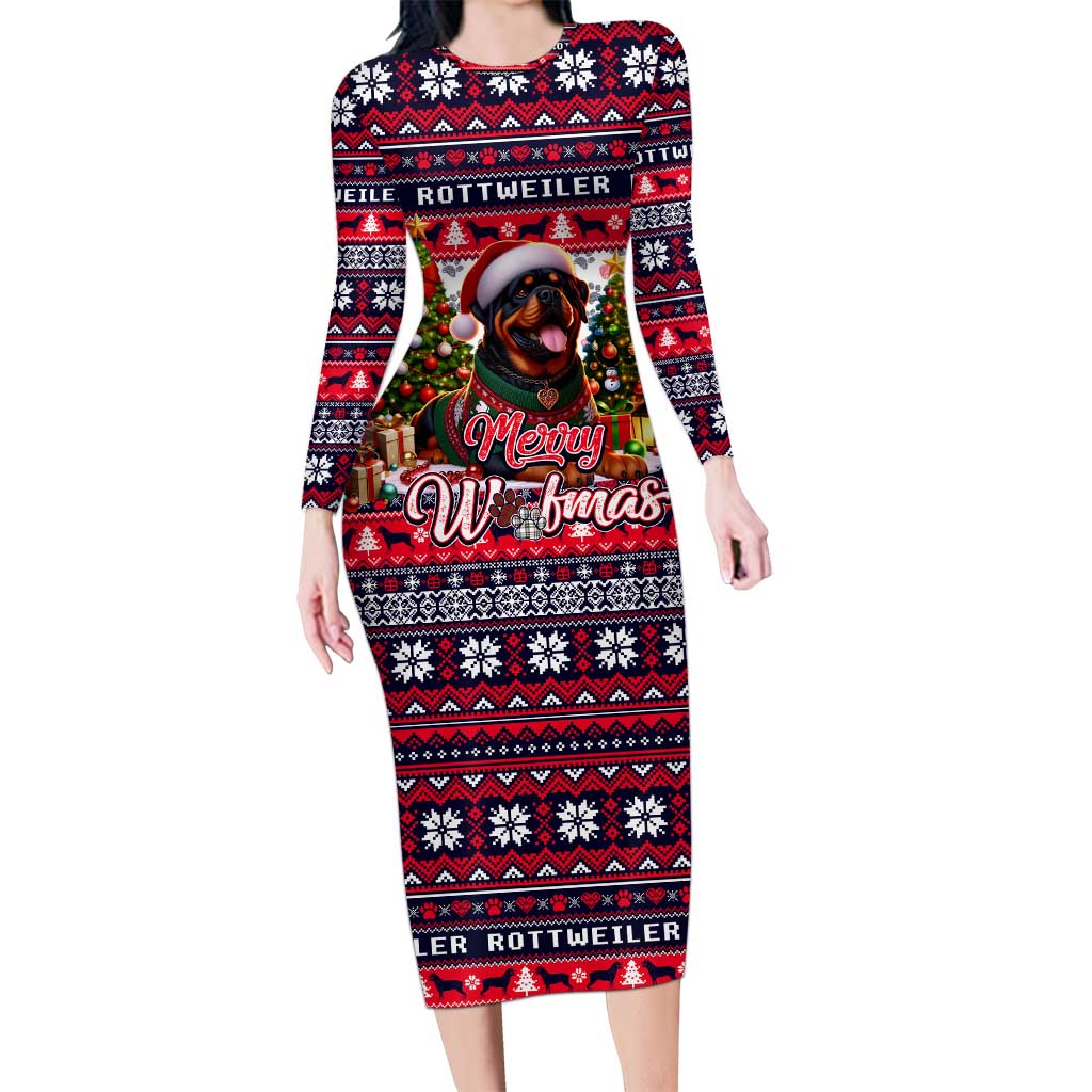 Rottweiler Merry Woofmas Long Sleeve Bodycon Dress Christmas Dog Art Style - Wonder Print Shop