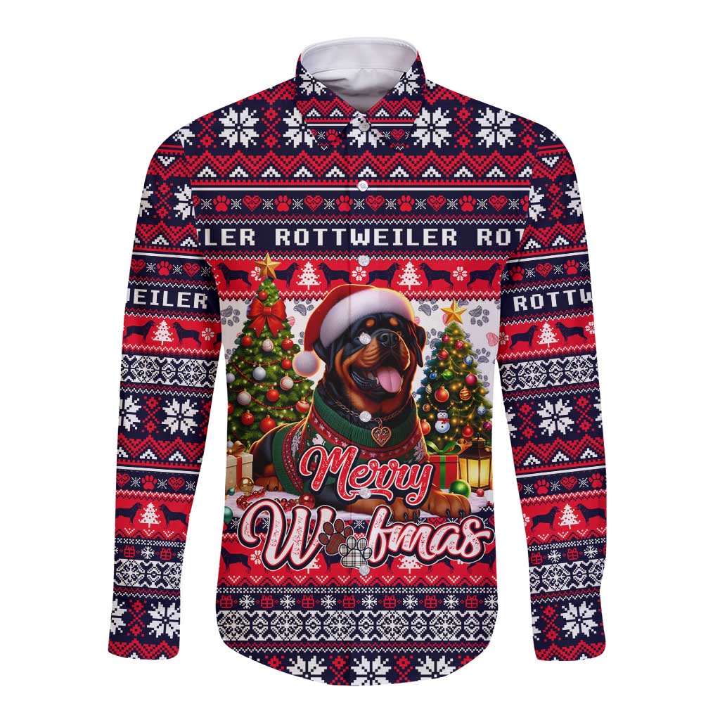 Rottweiler Merry Woofmas Long Sleeve Button Shirt Christmas Dog Art Style - Wonder Print Shop