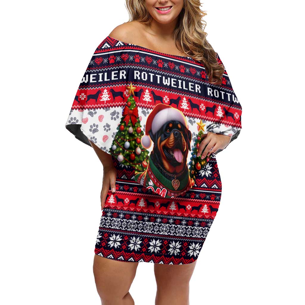 Rottweiler Merry Woofmas Off Shoulder Short Dress Christmas Dog Art Style - Wonder Print Shop