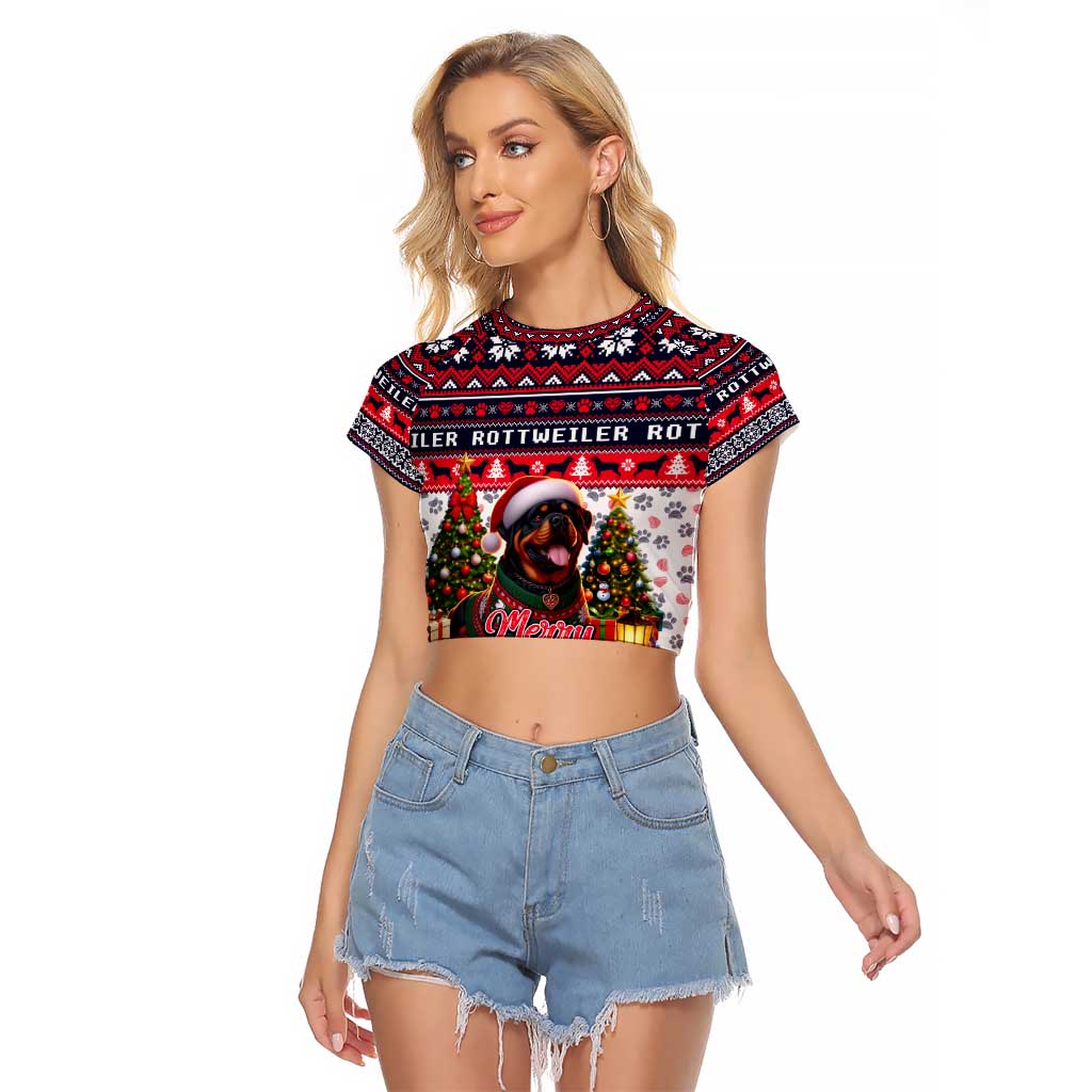 Rottweiler Merry Woofmas Raglan Cropped T Shirt Christmas Dog Art Style - Wonder Print Shop