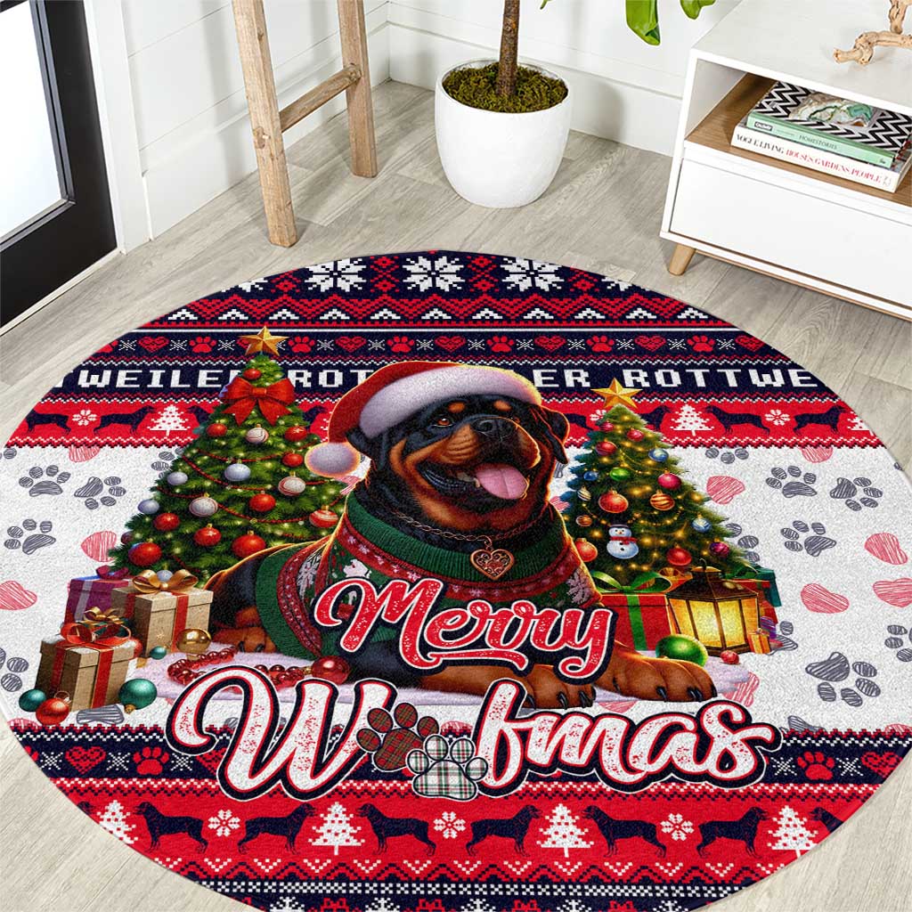 Rottweiler Merry Woofmas Round Carpet Christmas Dog Art Style
