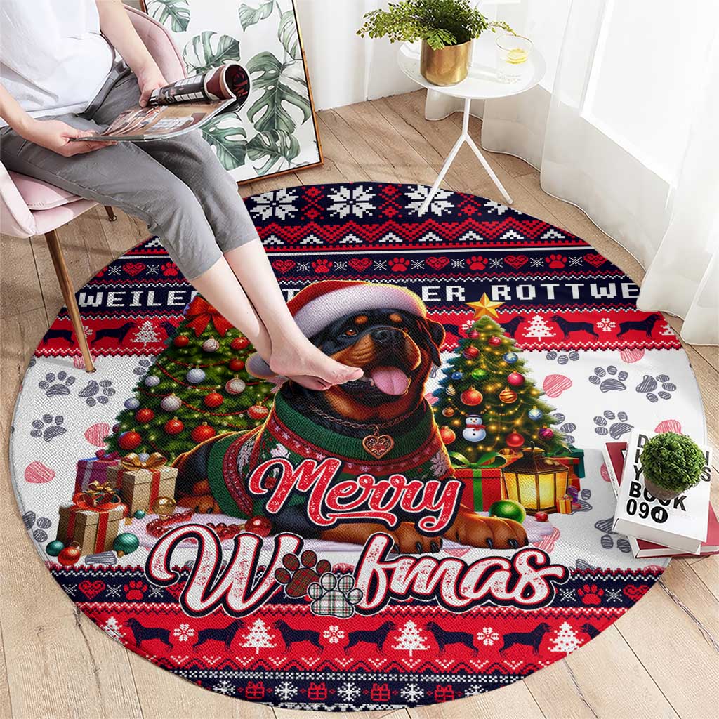 Rottweiler Merry Woofmas Round Carpet Christmas Dog Art Style