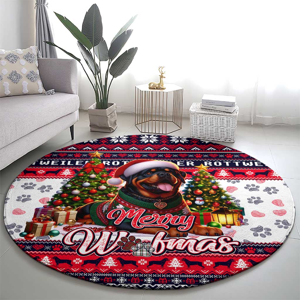 Rottweiler Merry Woofmas Round Carpet Christmas Dog Art Style