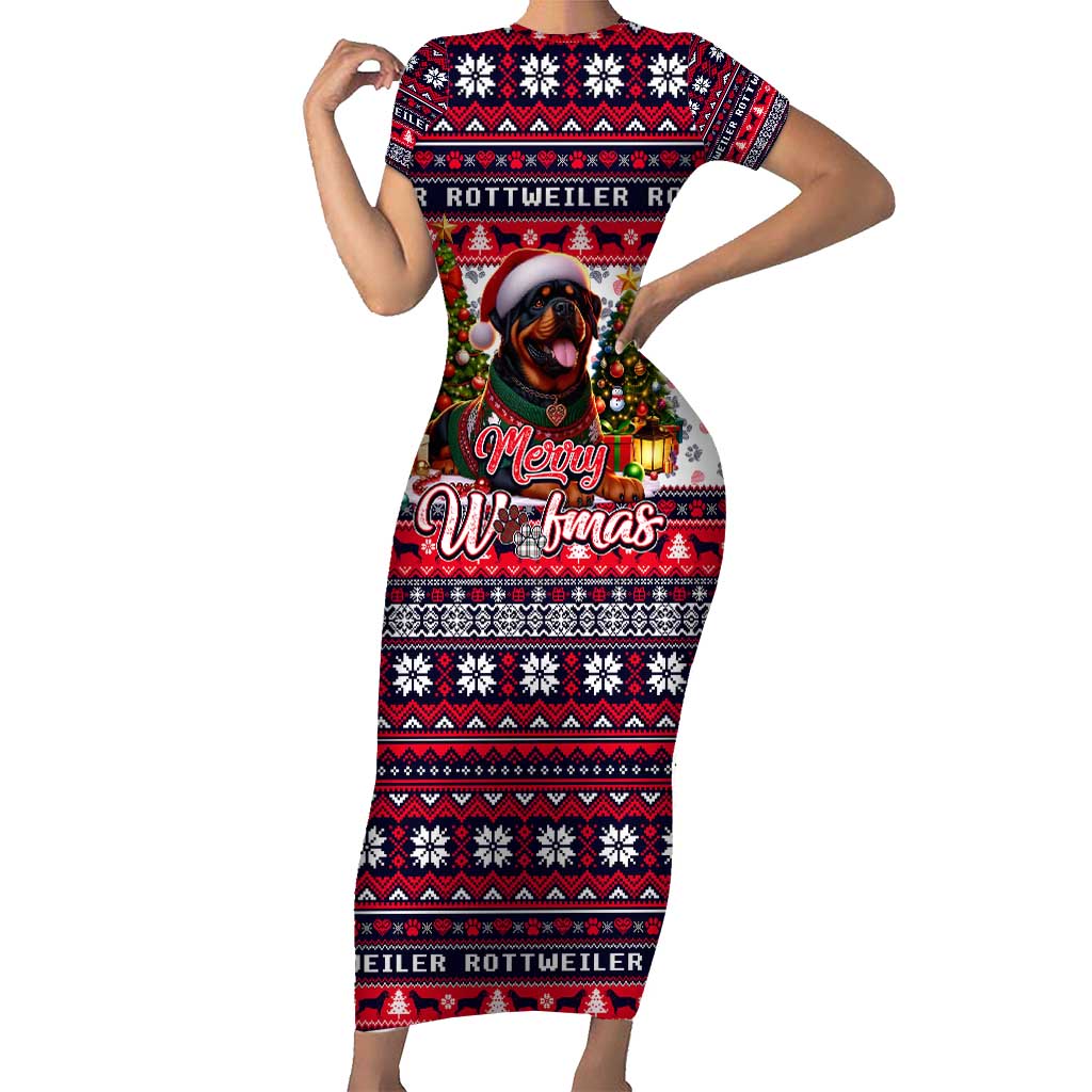 Rottweiler Merry Woofmas Short Sleeve Bodycon Dress Christmas Dog Art Style - Wonder Print Shop