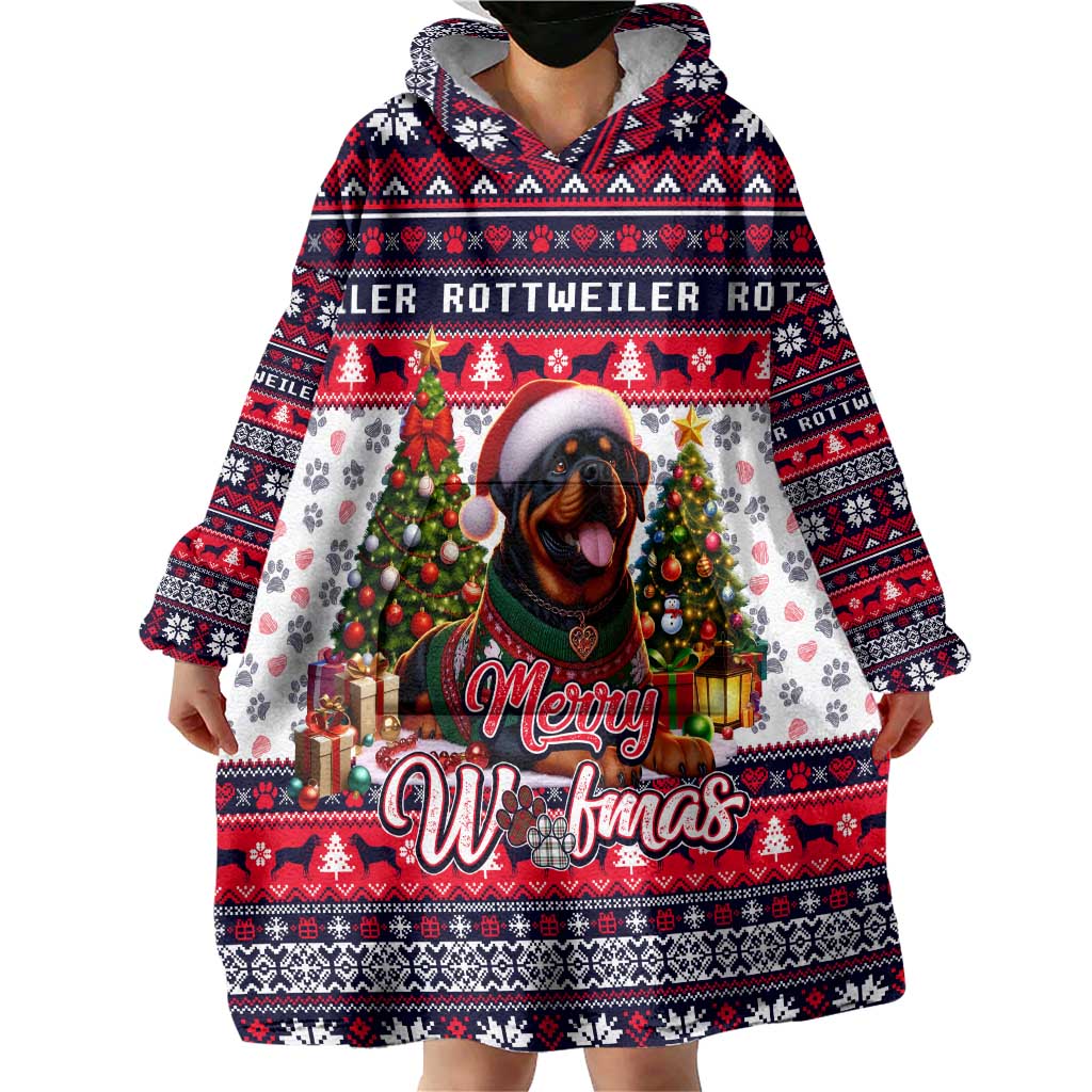 Rottweiler Merry Woofmas Wearable Blanket Hoodie Christmas Dog Art Style - Wonder Print Shop