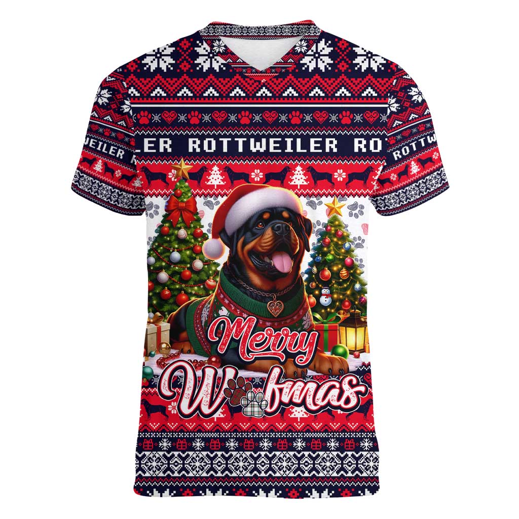 Rottweiler Merry Woofmas Women V-Neck T-Shirt Christmas Dog Art Style - Wonder Print Shop
