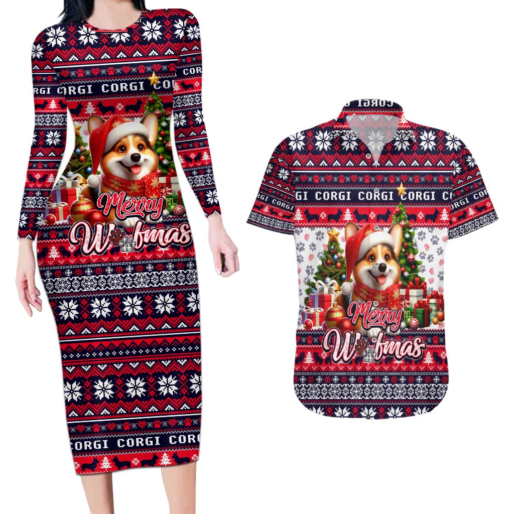 Corgi Merry Woofmas Couples Matching Long Sleeve Bodycon Dress and Hawaiian Shirt Christmas Dog Art Style - Wonder Print Shop