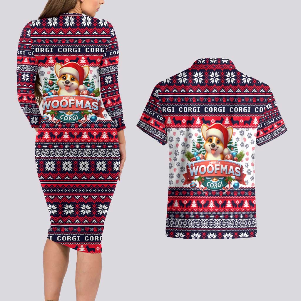 Corgi Merry Woofmas Couples Matching Long Sleeve Bodycon Dress and Hawaiian Shirt Christmas Dog Art Style - Wonder Print Shop