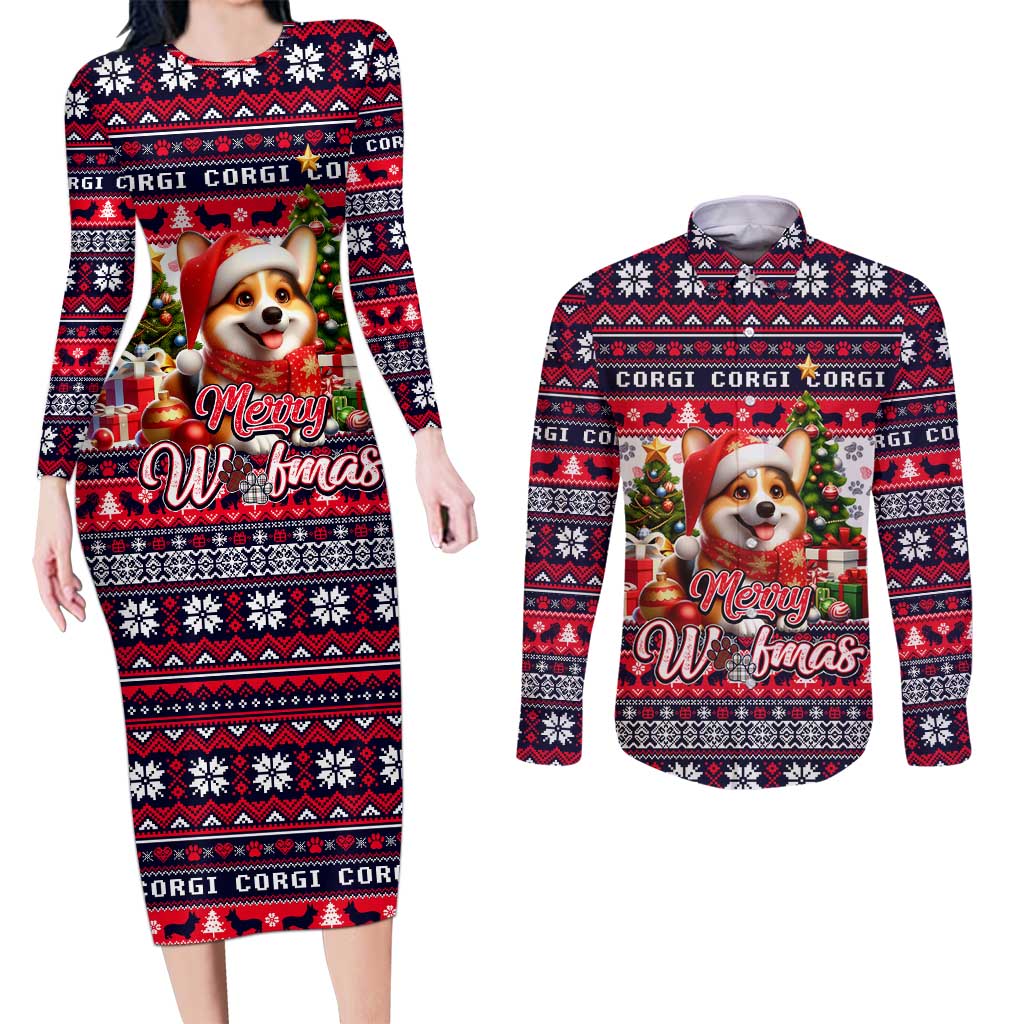 Corgi Merry Woofmas Couples Matching Long Sleeve Bodycon Dress and Long Sleeve Button Shirt Christmas Dog Art Style - Wonder Print Shop